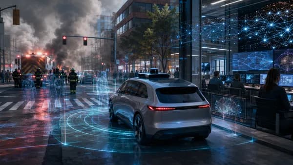 Unbranded autonomous robotaxi paused in heavy smoke with glowing AI sensor network in an urban emergency scene.