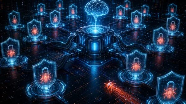 AI scans protected software flaws as shields and locks block exploitation attempts in a dark cyber network.