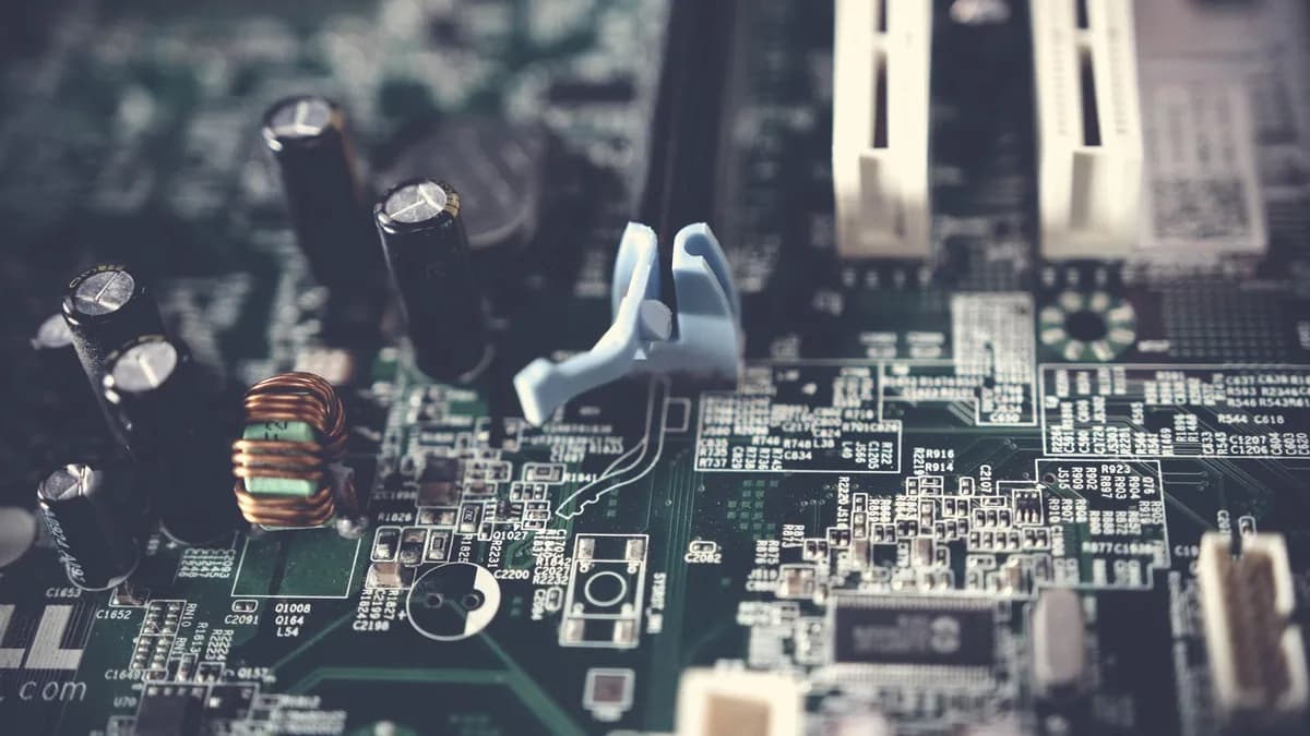 Detailed view of components on a computer motherboard, showcasing technology and circuitry.