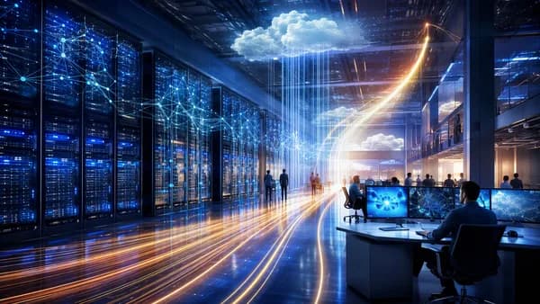 Cloud data center with AI networks and glowing infrastructure symbolizing profitable AI hosting