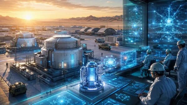 Futuristic military base with modular nuclear reactors and AI-powered energy control systems.