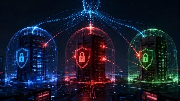 AI cyber intrusion visual with shields, locks, code streams and three corporate networks under attack