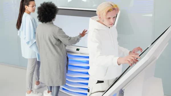 Diverse group interacting with large futuristic touchscreens in a modern tech environment.