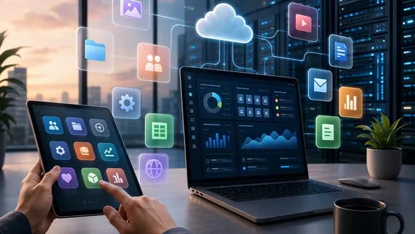 Modern app discovery dashboard with floating software tiles and cloud tools in a cinematic workspace