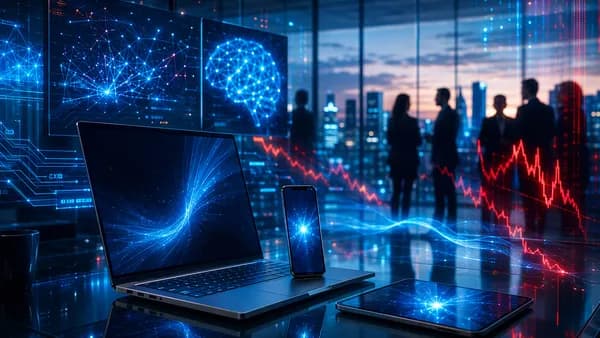 Logo-free devices amid AI data streams and a red market line, suggesting investor concern over future growth.