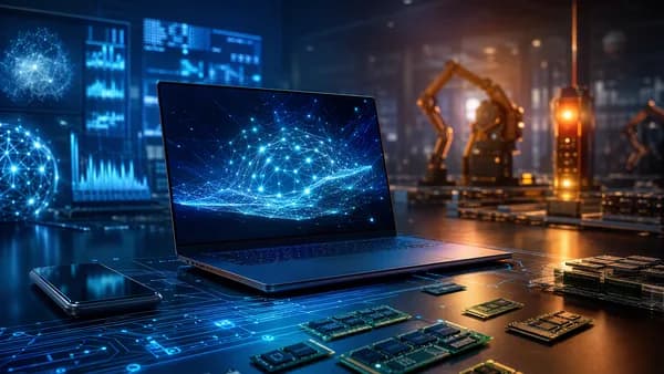 Unbranded smartphone and laptop amid glowing memory chips in a futuristic tech workspace.
