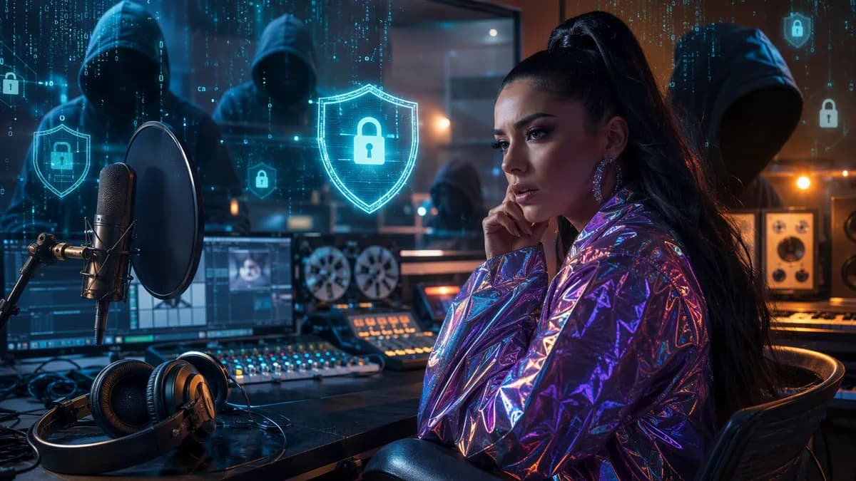 Pop music studio under cyberattack with locks, shields, code matrix, and shadowy hackers.