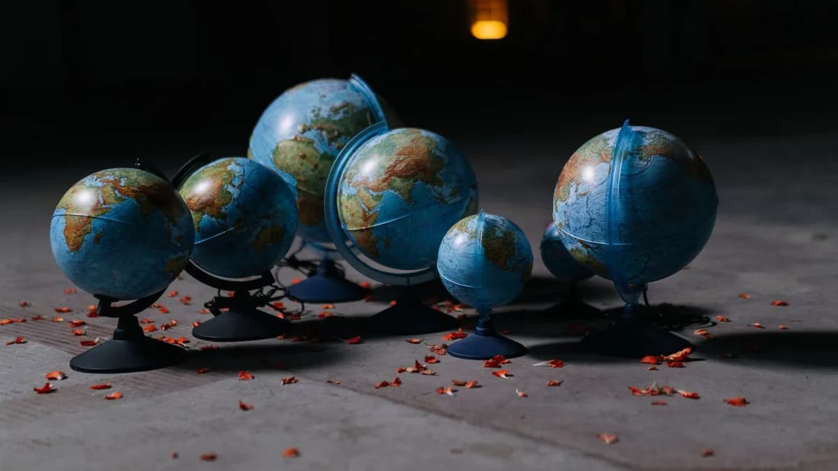 A collection of globes arranged on a concrete floor, surrounded by scattered petals.