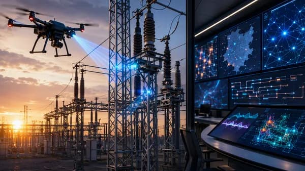 Autonomous drone inspecting a power substation with AI grid monitoring in a futuristic utility workspace