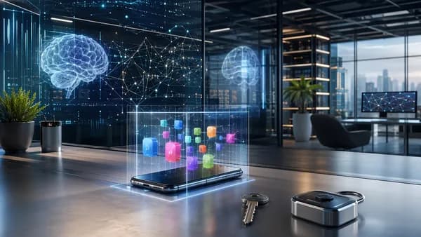 Smartphone locked by a physical key in a futuristic tech workspace with neural network visuals.