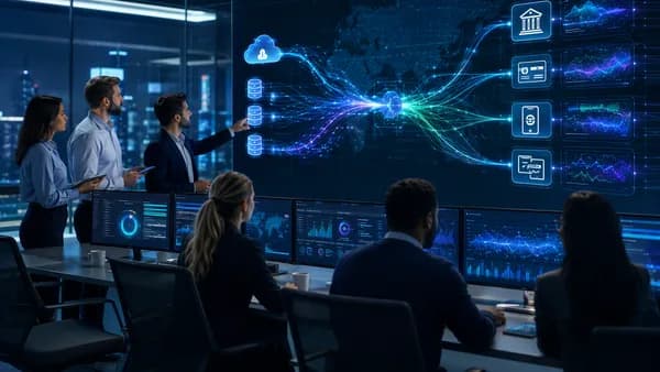 AI fintech reconciliation platform connecting cloud banking data in a modern finance operations center