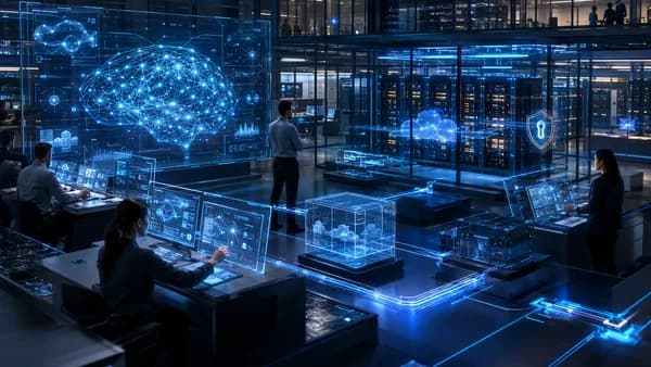Engineers manage secure private-cloud AI app building in a futuristic enterprise tech workspace.