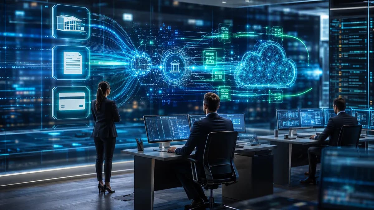 AI analyzing B2B payment transaction data in a modern fintech control room