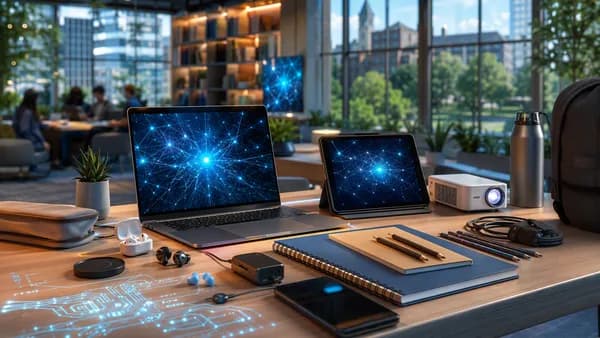 Futuristic student desk with laptop, earbuds, projector, pencils, and AI screens in a modern tech workspace.