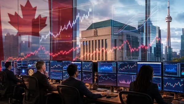 Canadian trading desk with rising market charts suggesting stronger GDP and reduced rate cut odds.