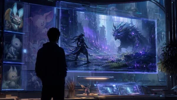 Game designer in futuristic studio viewing an action RPG beast concept, suggesting a search for creative identity.
