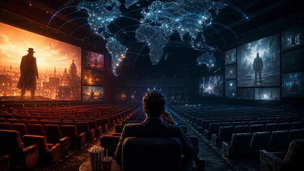 Film critic in a modern cinema with global map lights and contrasting best-versus-worst movie atmosphere
