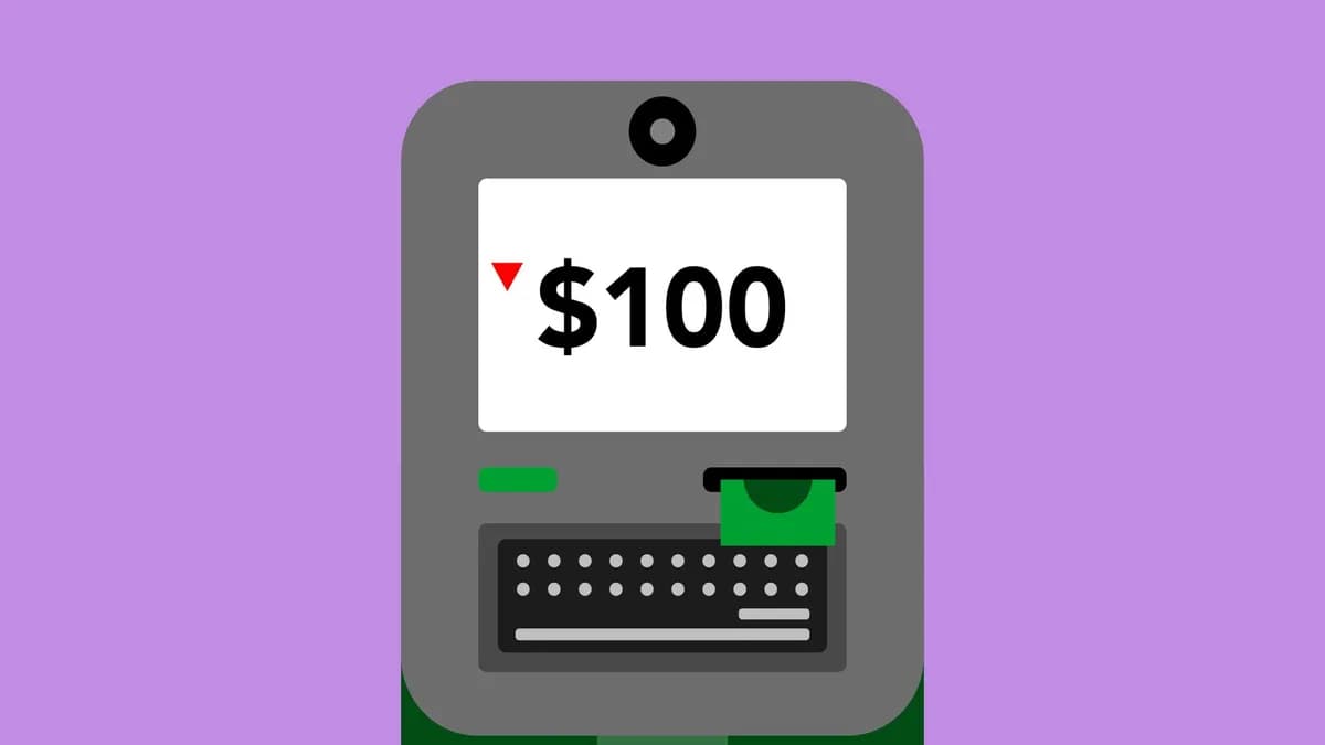 Decorative cardboard applique of automated teller machine with number and dollar symbol on display on violet background