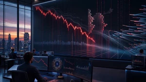 Calm crypto trading floor with falling charts and fading liquidity, suggesting thin-volume bitcoin sell-off.