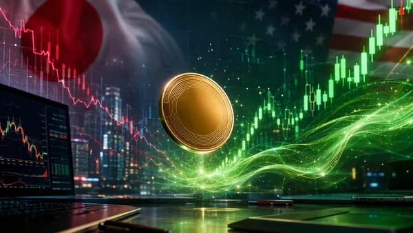 Abstract crypto and forex trading scene with market charts suggesting yen intervention and dollar strength.