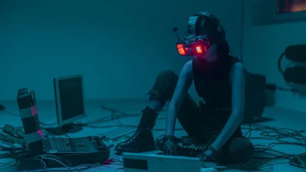 A person in a VR headset hacking in a moody, neon-lit environment.