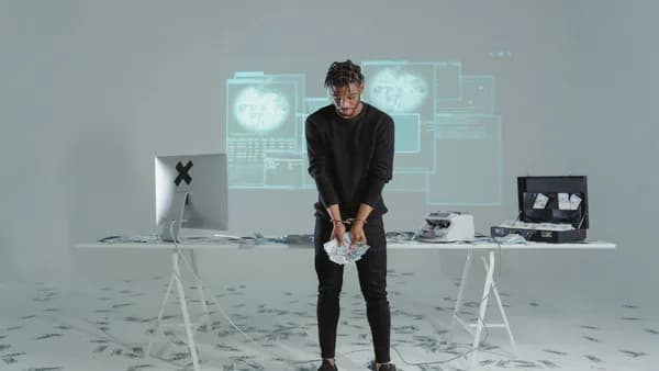 A man stands holding money in a high-tech room with scattered bills and a computer setup.