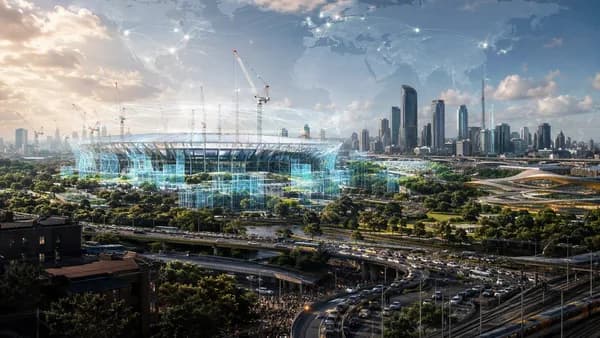 Futuristic Brisbane stadium concept contrasted with transport bottlenecks and global connection map