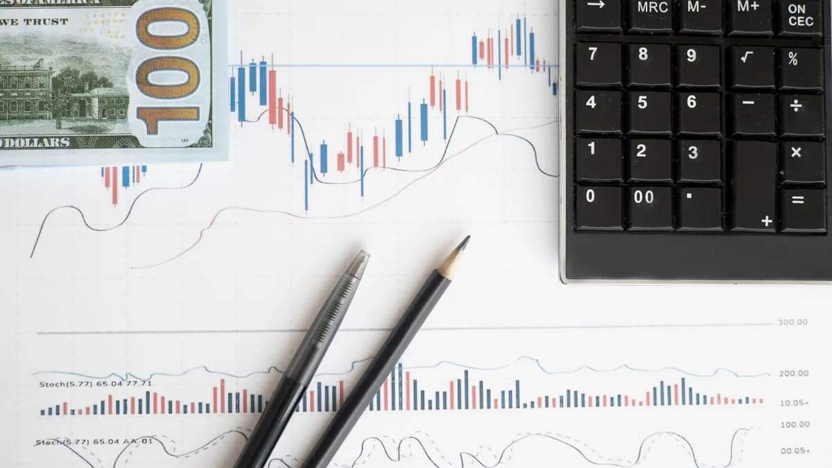 Stock analysis workspace featuring charts, a calculator, and currency for data-driven insights.