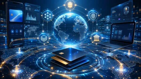 Digital card network hub with token security, fraud shields, and payout rails in a modern fintech scene.