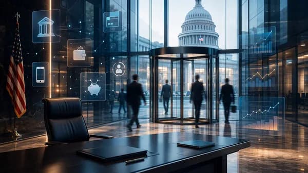 Empty regulatory office chair and revolving door symbolize CFPB leadership transition and agency uncertainty.