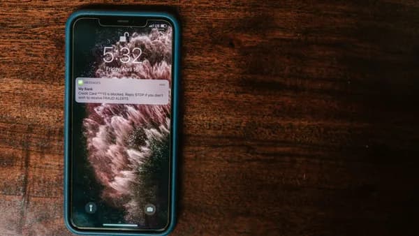 Close-up of smartphone on wooden surface displaying a bank alert message.