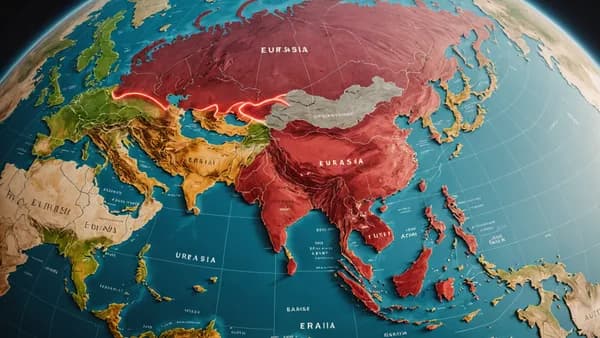 Symbolic globe with connection lines between China and the Middle East on a Eurasian map.