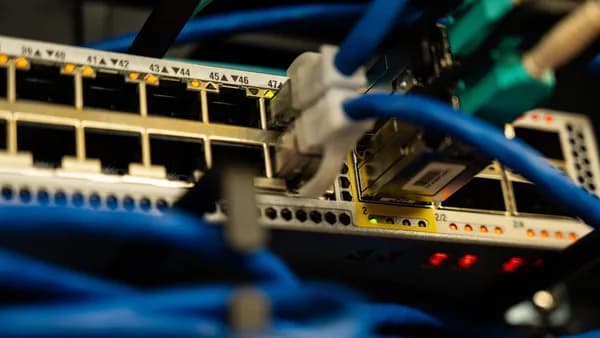 Close-up image of ethernet cables plugged into a network switch, showcasing IT infrastructure.
