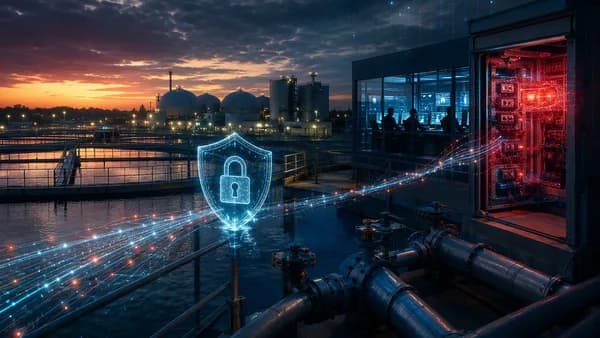 Cyberattack concept over a water treatment plant with locked control systems and digital security visuals