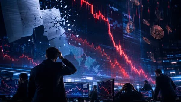 Trading floor with plunging crypto charts suggesting regulatory uncertainty and market decline