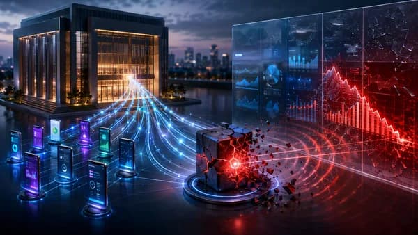 Digital bank network with one cracked fintech node symbolizing BaaS concentration risk and financial damage.