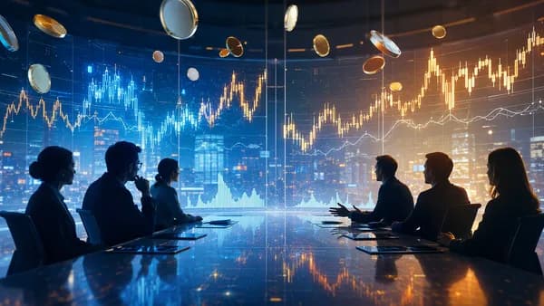 Analysts study abstract crypto trading screens as market volume remains uncertain.