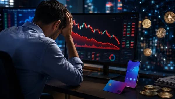 Generic crypto trading desk with downward market chart, fintech app, and payment card in cinematic light