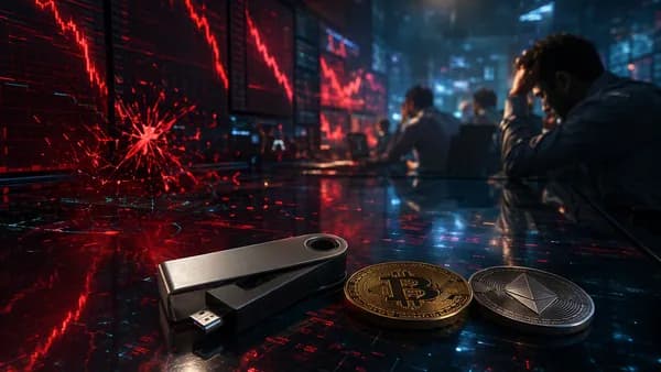 Crypto trading desk with falling market charts and a hardware wallet under cyberattack atmosphere