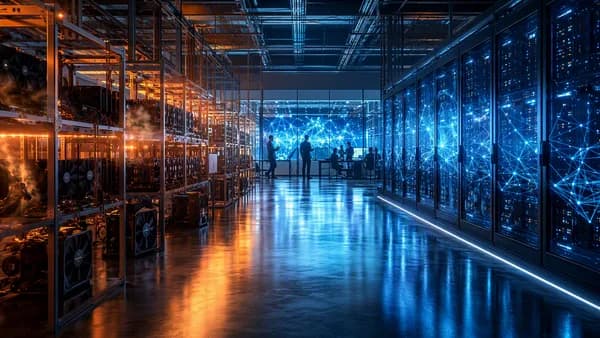 Data center shifting from bitcoin mining rigs to AI GPU servers with glowing neural network visuals.