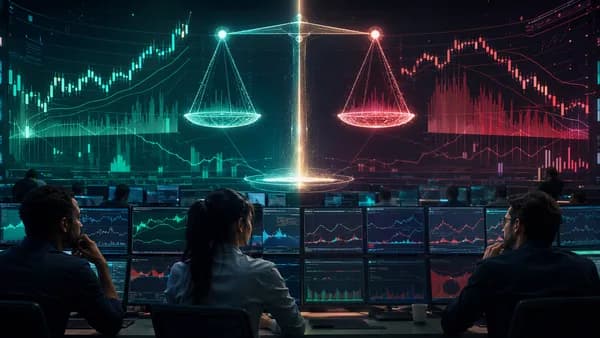 Crypto traders analyze perpetual futures charts with visualized funding-rate risk on a modern trading floor.