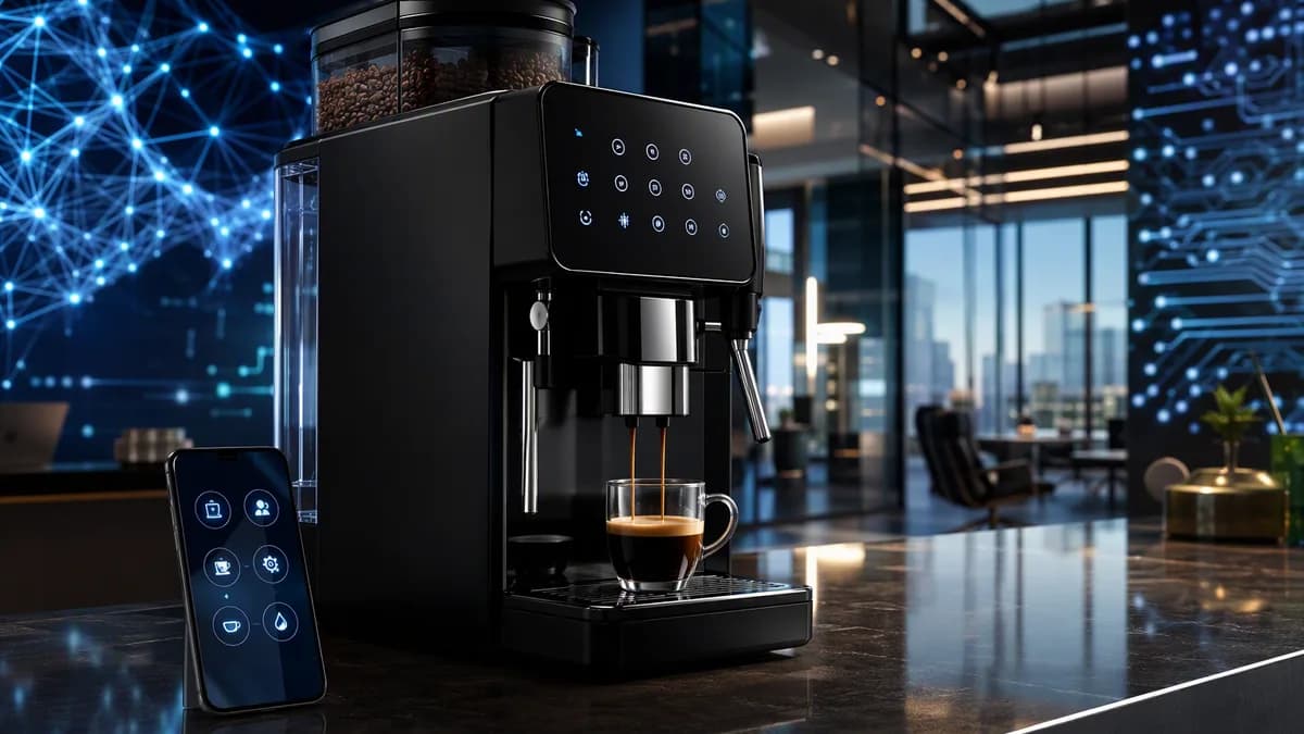 Premium smart espresso machine in a futuristic tech kitchen with phone app and abstract neural network visuals.