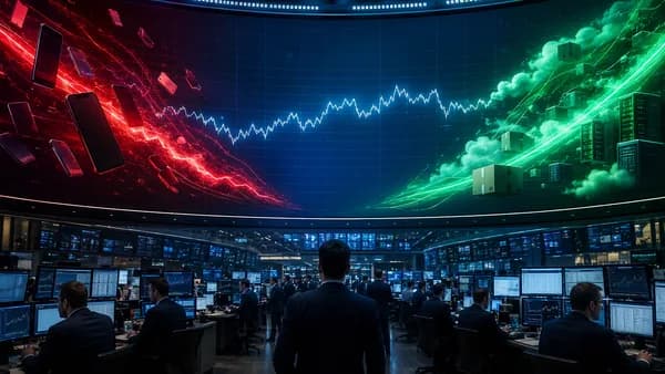 Trading floor showing red tech selloff and green ecommerce surge balancing a steady market chart.
