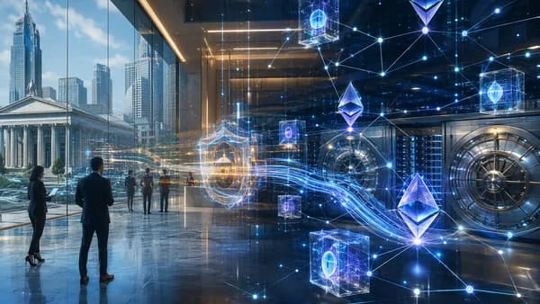 Banking and Ethereum-style blockchain nodes protected by privacy shields in a modern fintech scene