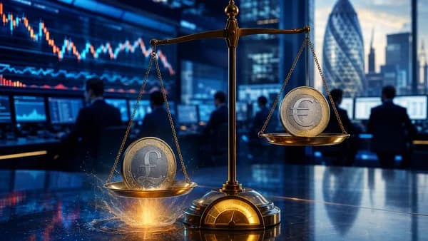 Editorial forex market scene showing Sterling weakening against a steady Euro amid abstract trading charts