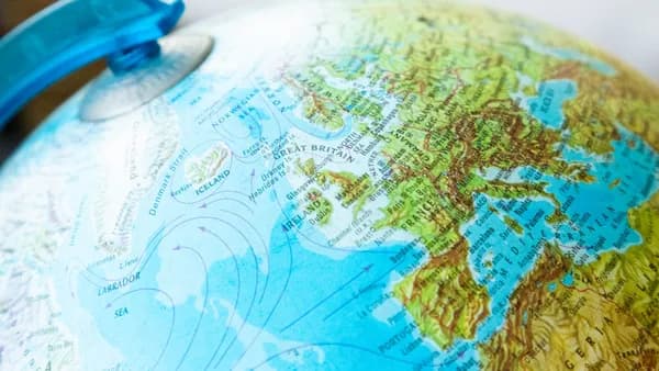 Detailed view of a world globe focusing on Europe and surrounding regions.