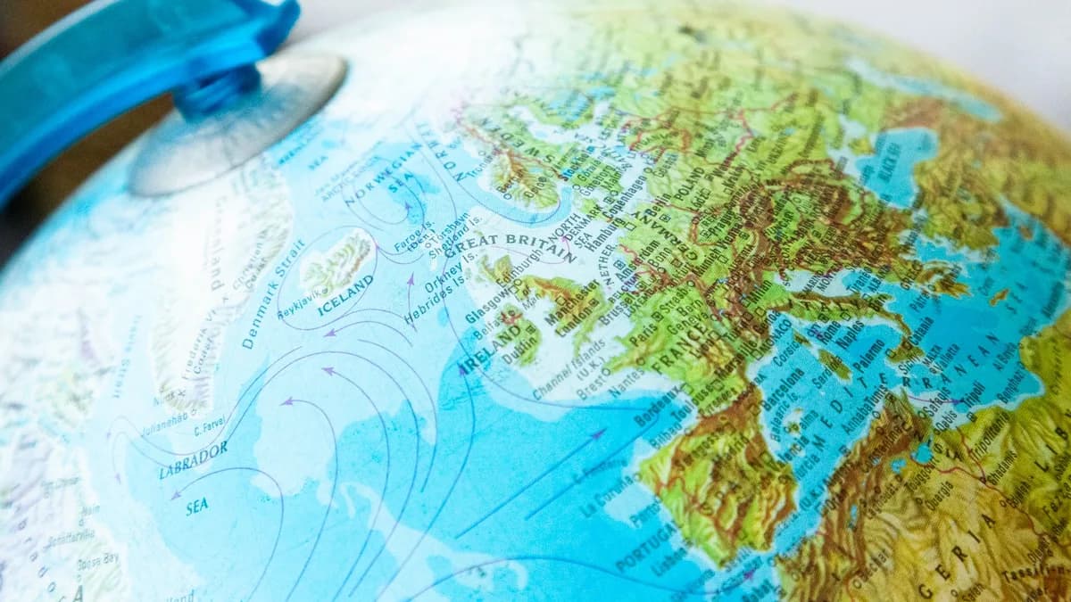 Detailed view of a world globe focusing on Europe and surrounding regions.