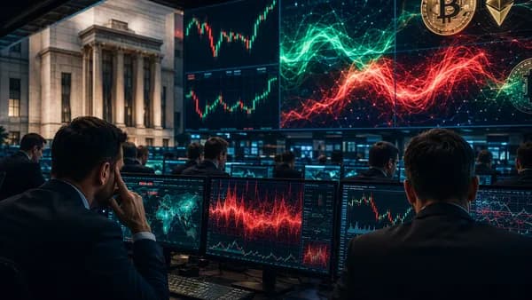 Tense trading floor with market charts reflecting uncertainty around the Federal Reserve rate decision