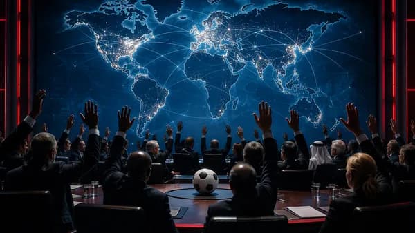 Global football delegates block an investment plan before a glowing world map in a tense summit scene.