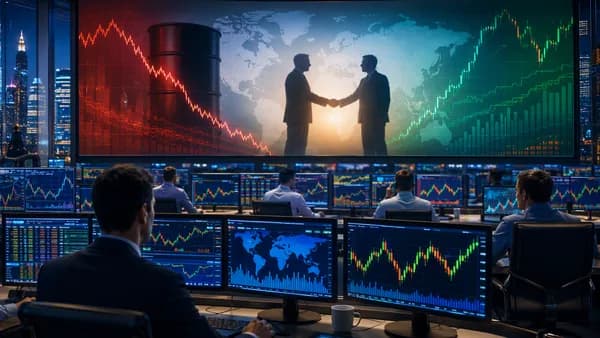 Trading floor with oil chart plunging and diplomatic handshake silhouettes signaling improved market mood
